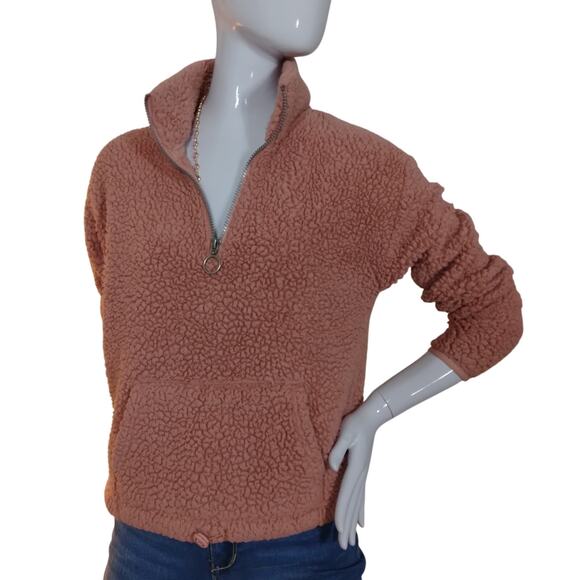SO Sweatshirt Size Small Cozy Softest Sherpa Pink Front Patch Pocket Zip Up - Picture 1 of 7